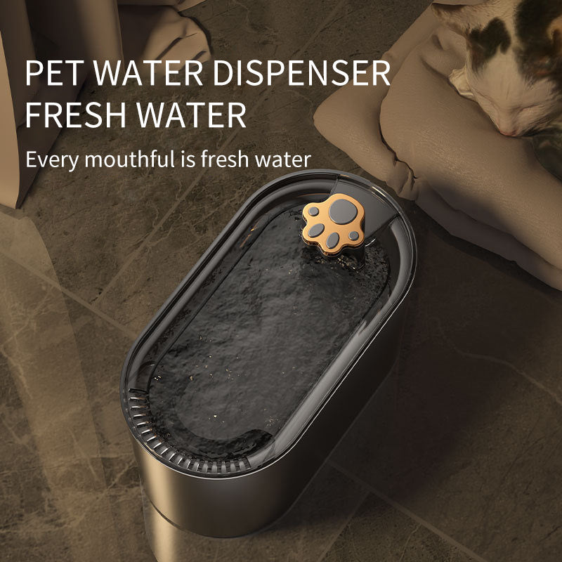 Pet water dispenser on a tiled floor with a cat sitting nearby