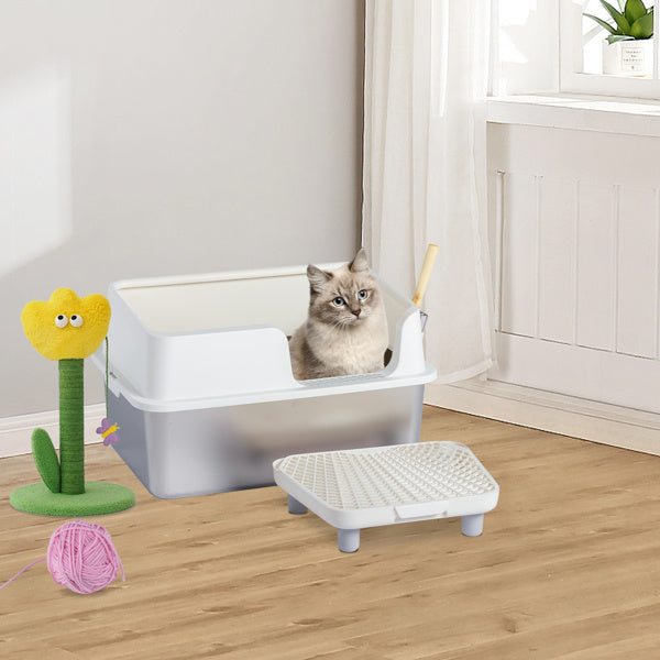Premium Stainless Steel Litter Box with Shovel, Foot Pad