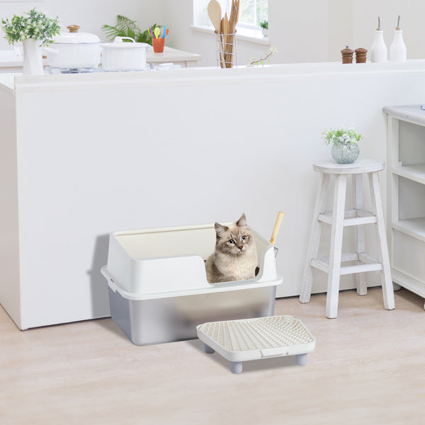 Premium Stainless Steel Litter Box with Shovel, Foot Pad