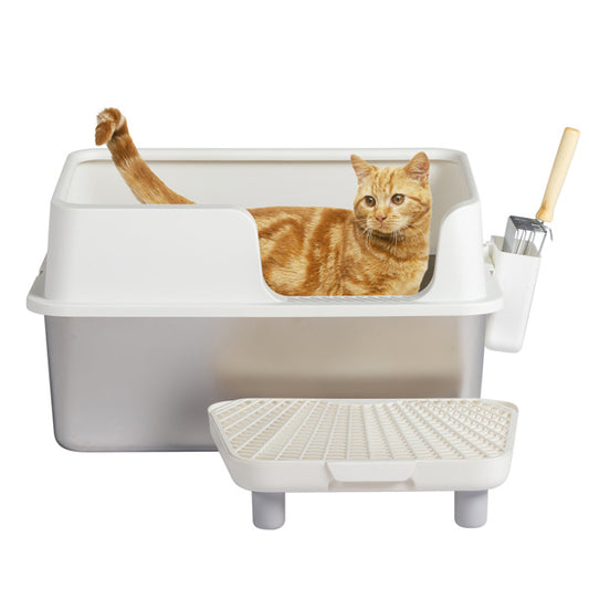 Premium Stainless Steel Litter Box with Shovel, Foot Pad