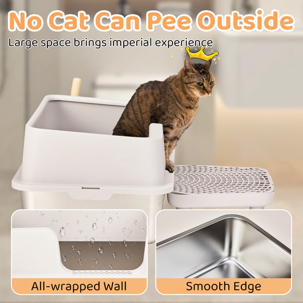 Premium Stainless Steel Litter Box with Shovel, Foot Pad