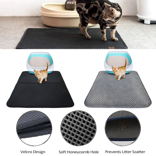 Cat using a black mat with a soft honeycomb design, showing close-ups of features.