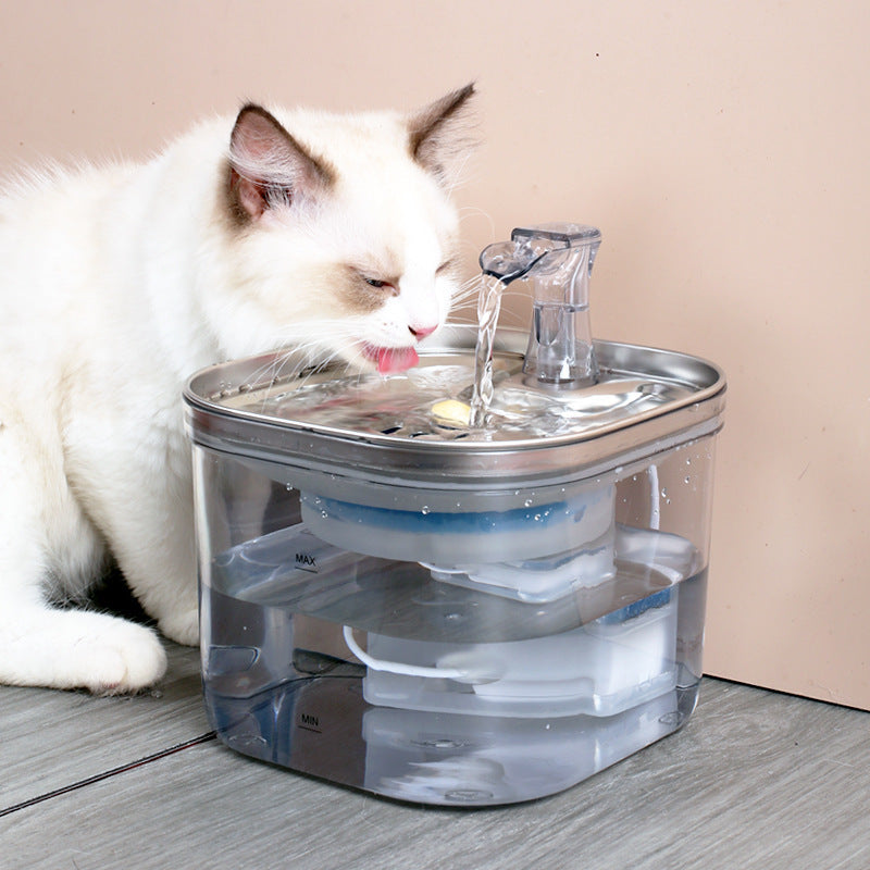 Cat drinking water from a clear pet fountain on a wooden floor.